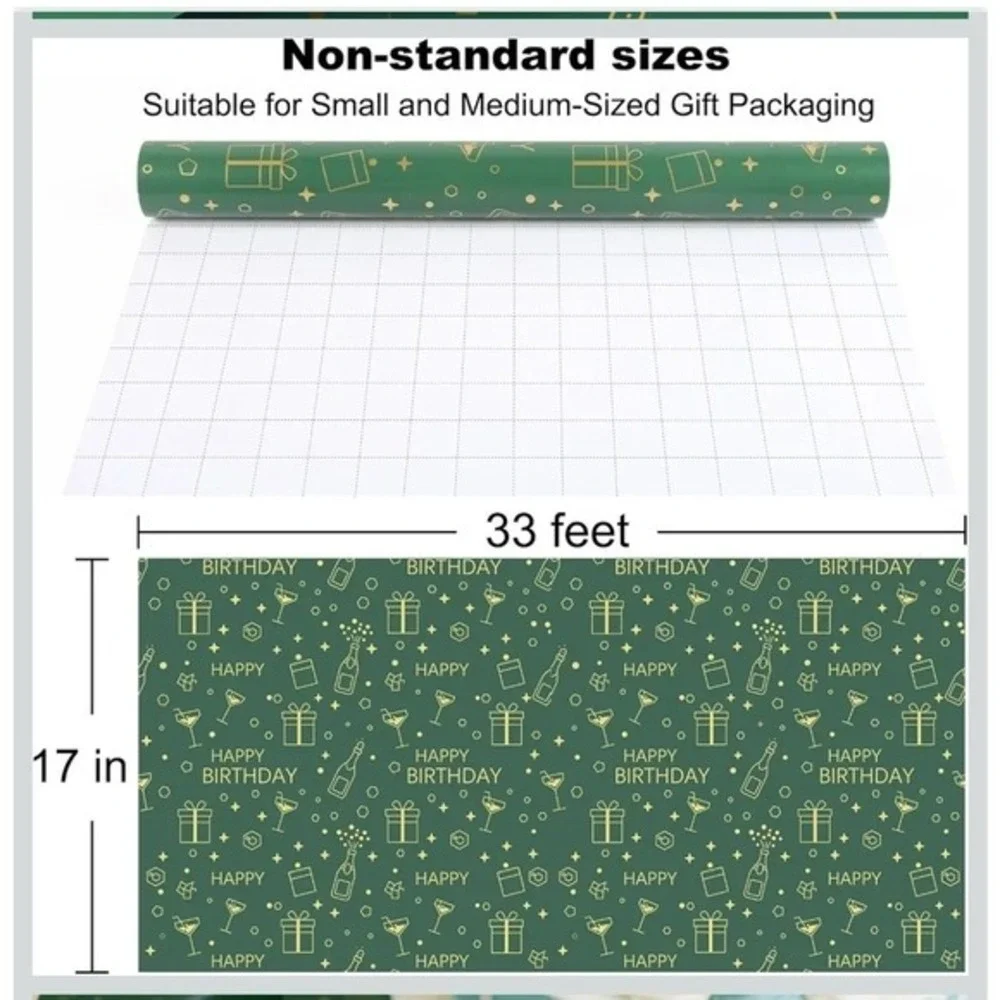 Lenpel Birthday Wrapping Paper Roll 17 Inch x 33 Feet Green Gold Foil Party Wrap